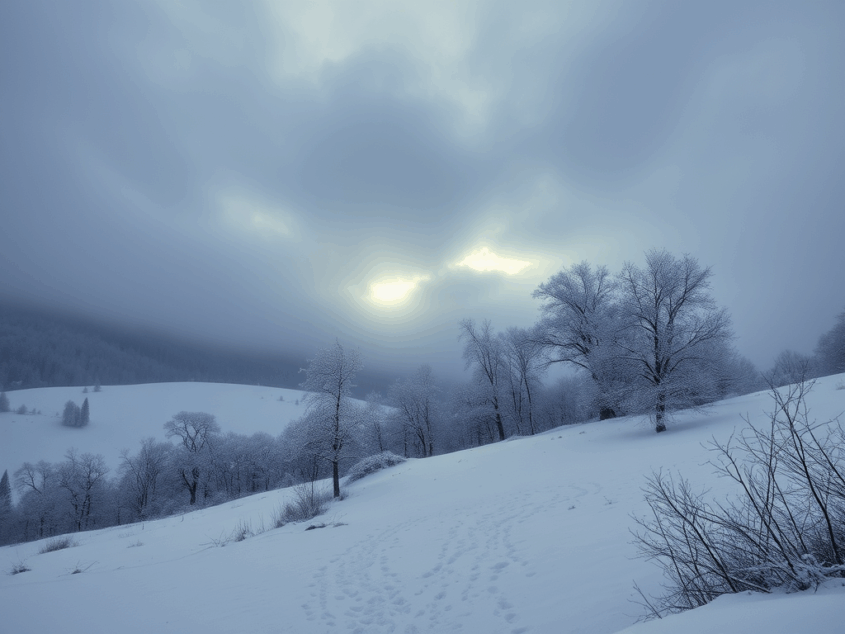 Winterlandschaft an einem Wolkenverhangenen Tag. Schön melancholisch. Zum Test mit KI erzeugt.